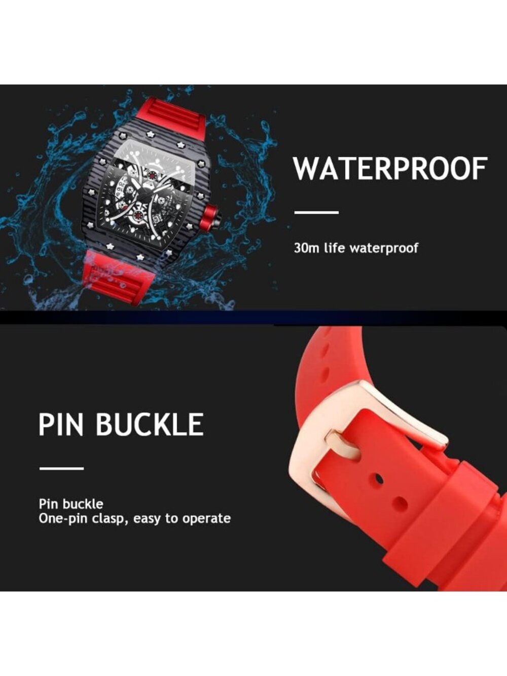 Men's Red Black Analog Quartz Silicone Strap Barrel-Shaped Skeleton Luxury Watch - Picture 4 of 6